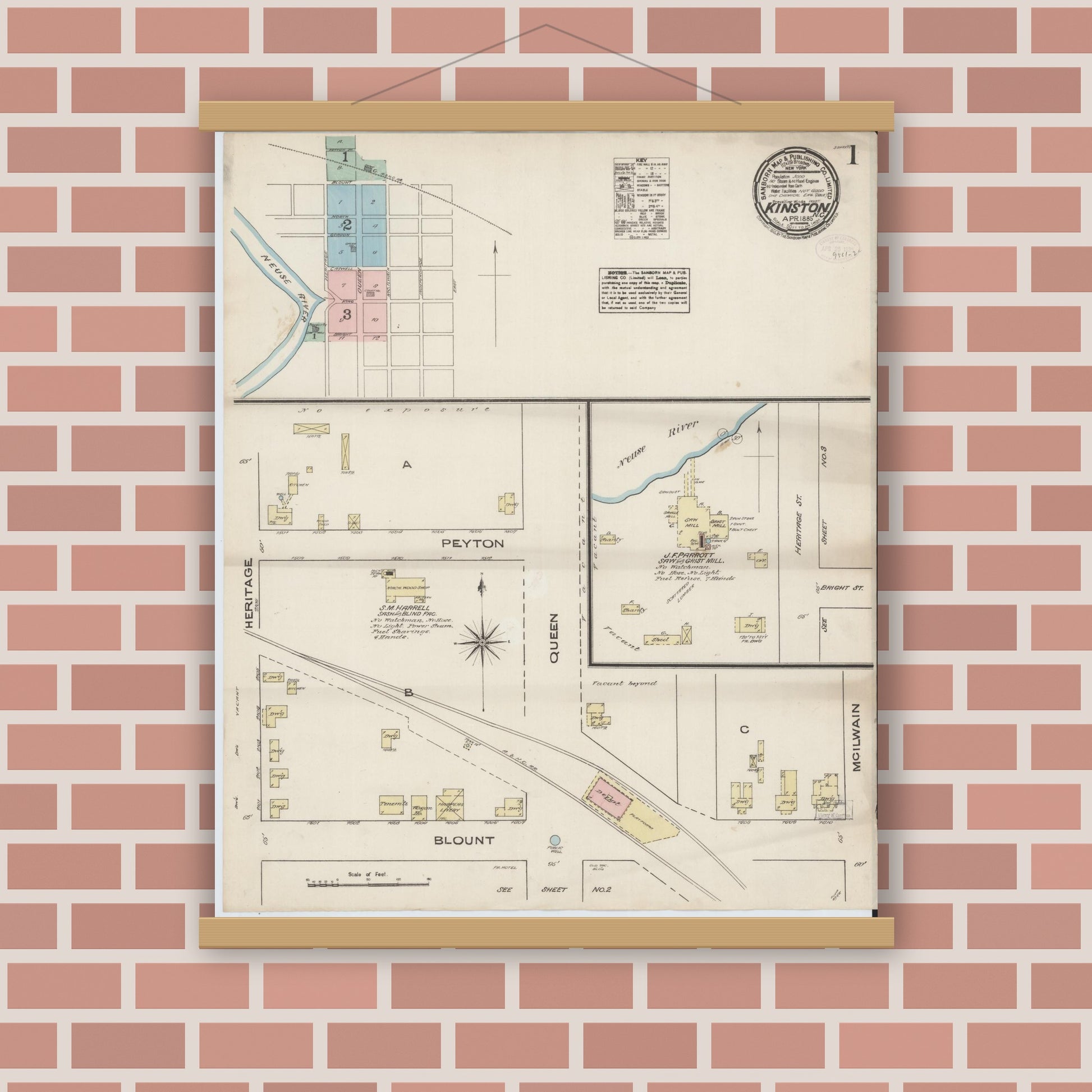 Old map wall art mockup — magnetic wood frame on brick wall — Sanborn Fire Insurance Map from Kinston, Lenoir County, North Carolina (1885) - Complete Map Set