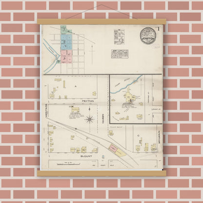 Old map wall art mockup — magnetic wood frame on brick wall — Sanborn Fire Insurance Map from Kinston, Lenoir County, North Carolina (1885) - Complete Map Set