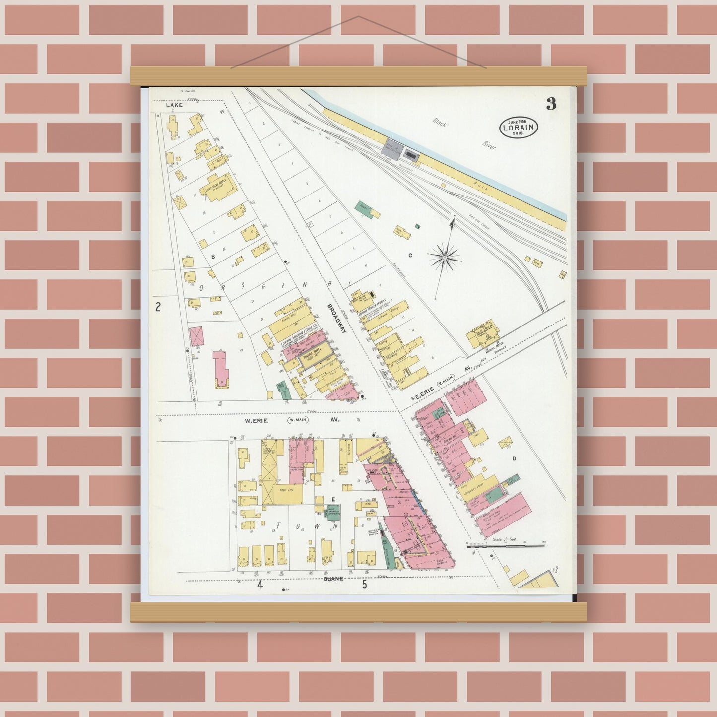 Old map wall art mockup — magnetic wood frame on brick wall — Sanborn Fire Insurance Map from Lorain, Lorain County, Ohio (1905), Sheet #0003