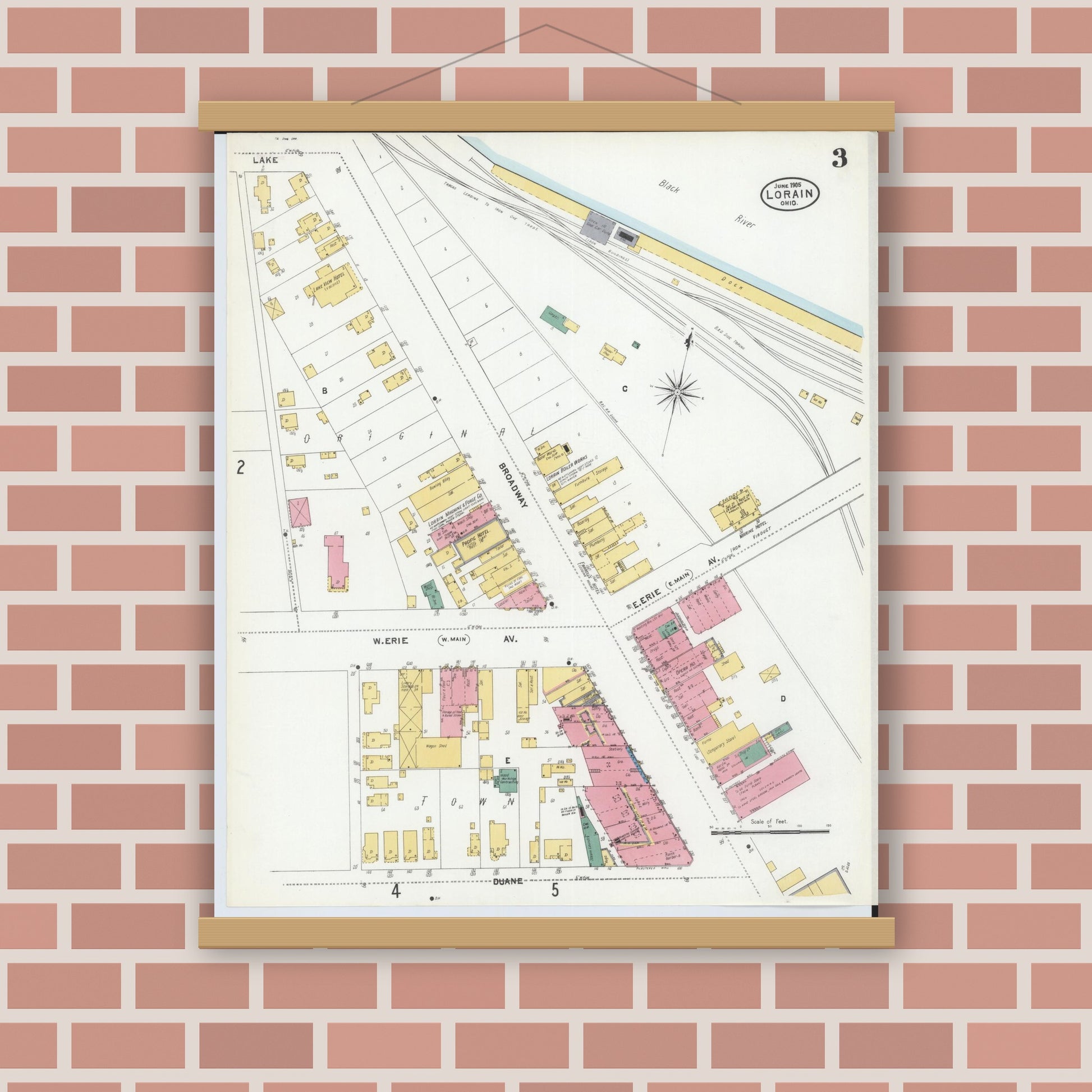 Old map wall art mockup — magnetic wood frame on brick wall — Sanborn Fire Insurance Map from Lorain, Lorain County, Ohio (1905), Sheet #0003