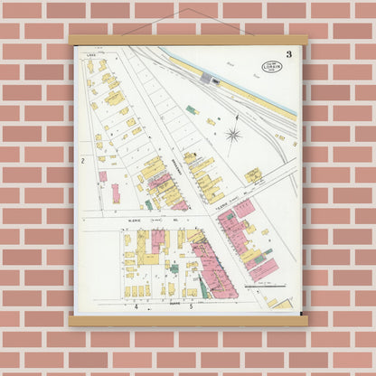 Old map wall art mockup — magnetic wood frame on brick wall — Sanborn Fire Insurance Map from Lorain, Lorain County, Ohio (1905), Sheet #0003