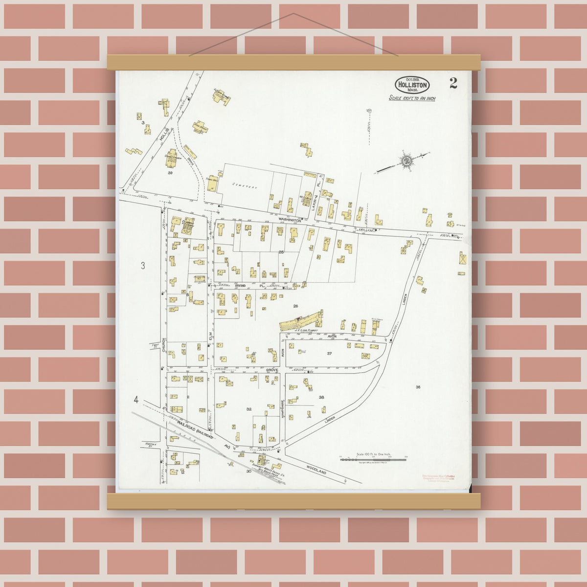 Old map wall art mockup — magnetic wood frame on brick wall — Sanborn Fire Insurance Map from Holliston, Middlesex County, Massachusetts (1919), Sheet #0002
