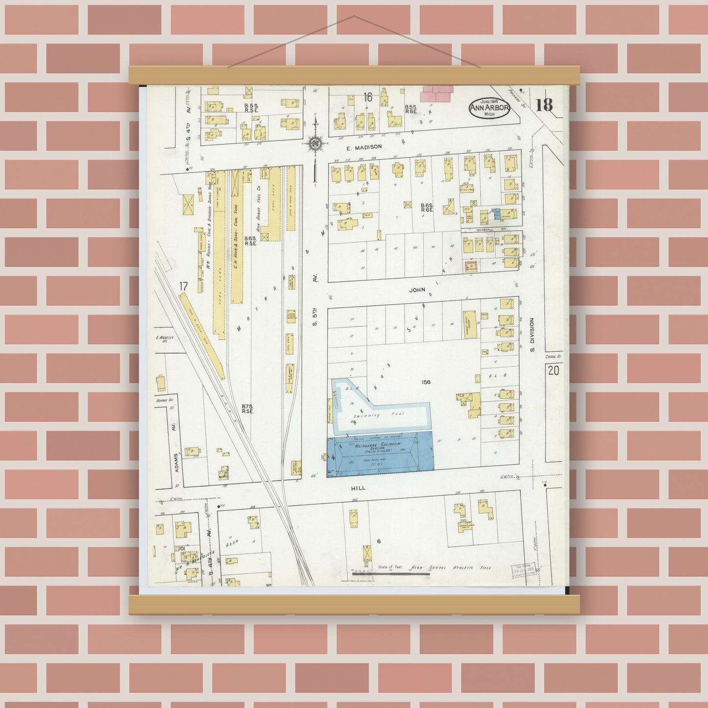 Old map wall art mockup — magnetic wood frame on brick wall — Sanborn Fire Insurance Map from Ann Arbor, Washtenaw County, Michigan (1916), Sheet #0018