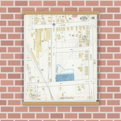 Old map wall art mockup — magnetic wood frame on brick wall — Sanborn Fire Insurance Map from Ann Arbor, Washtenaw County, Michigan (1916), Sheet #0018