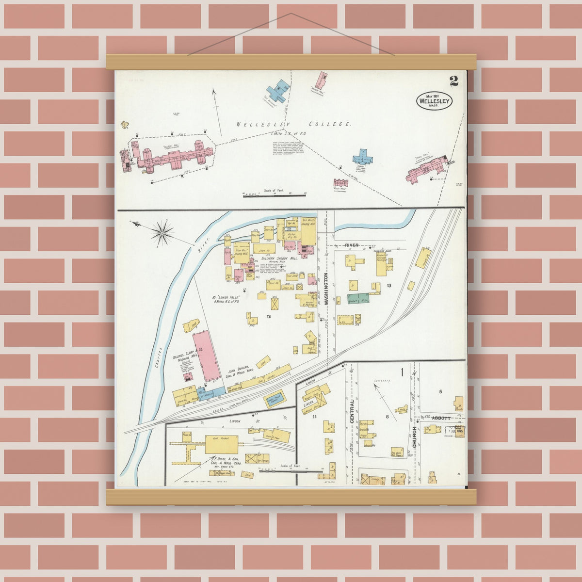 Old map wall art mockup — magnetic wood frame on brick wall — Sanborn Fire Insurance Map from Wellesley, Norfolk County, Massachusetts (1901), Sheet #0002