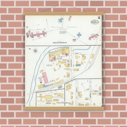 Old map wall art mockup — magnetic wood frame on brick wall — Sanborn Fire Insurance Map from Wellesley, Norfolk County, Massachusetts (1901), Sheet #0002