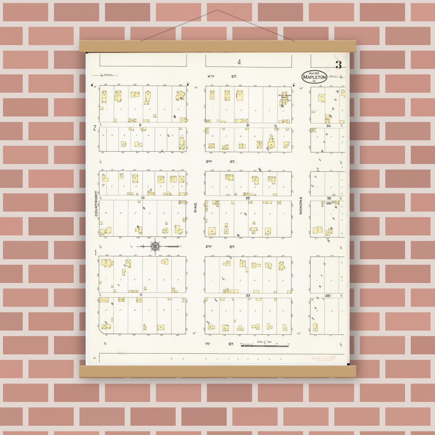 Old map wall art mockup — magnetic wood frame on brick wall — Sanborn Fire Insurance Map from Mapleton, Monona County, Iowa (1915), Sheet #0003