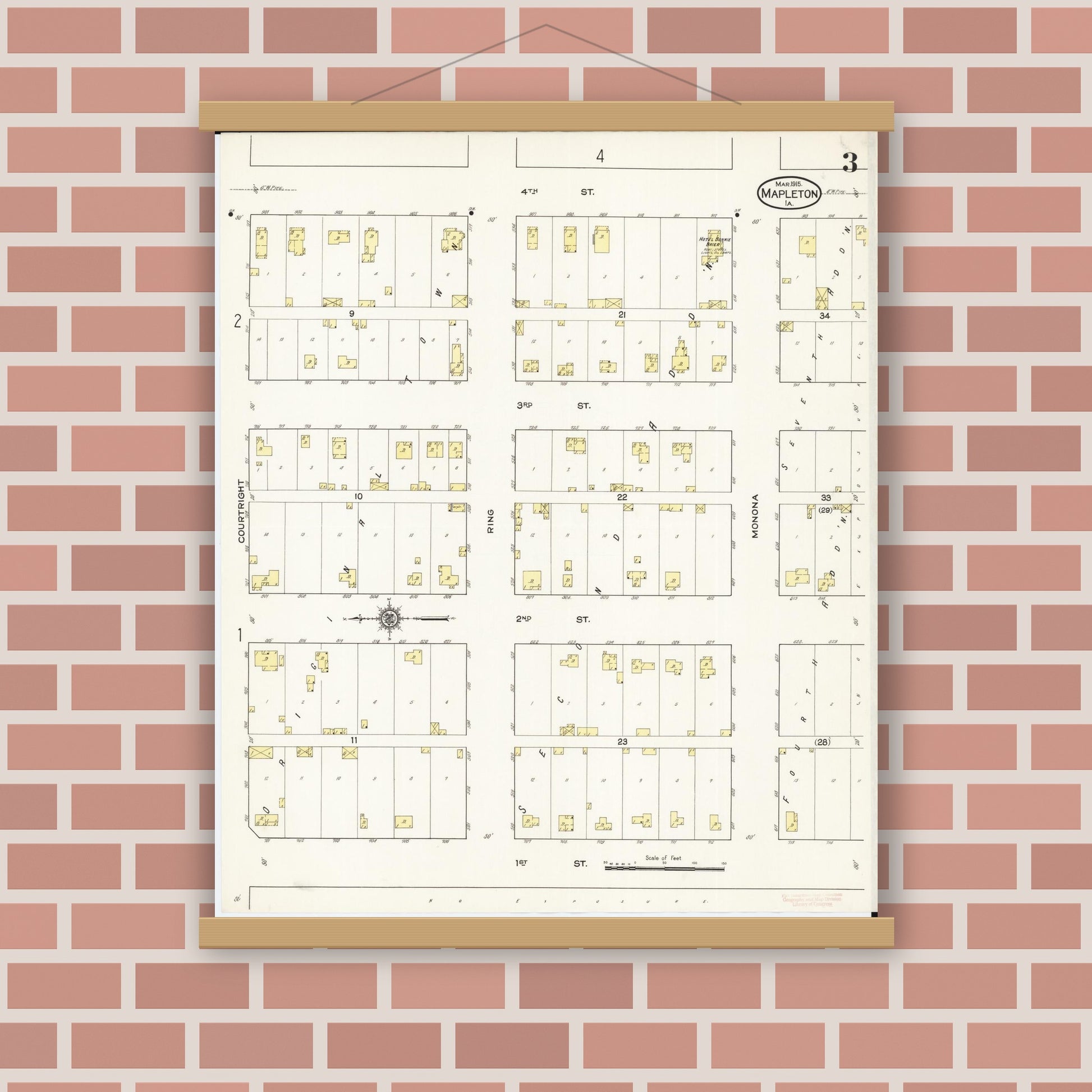 Old map wall art mockup — magnetic wood frame on brick wall — Sanborn Fire Insurance Map from Mapleton, Monona County, Iowa (1915), Sheet #0003