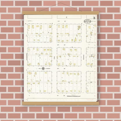Old map wall art mockup — magnetic wood frame on brick wall — Sanborn Fire Insurance Map from Mapleton, Monona County, Iowa (1915), Sheet #0003