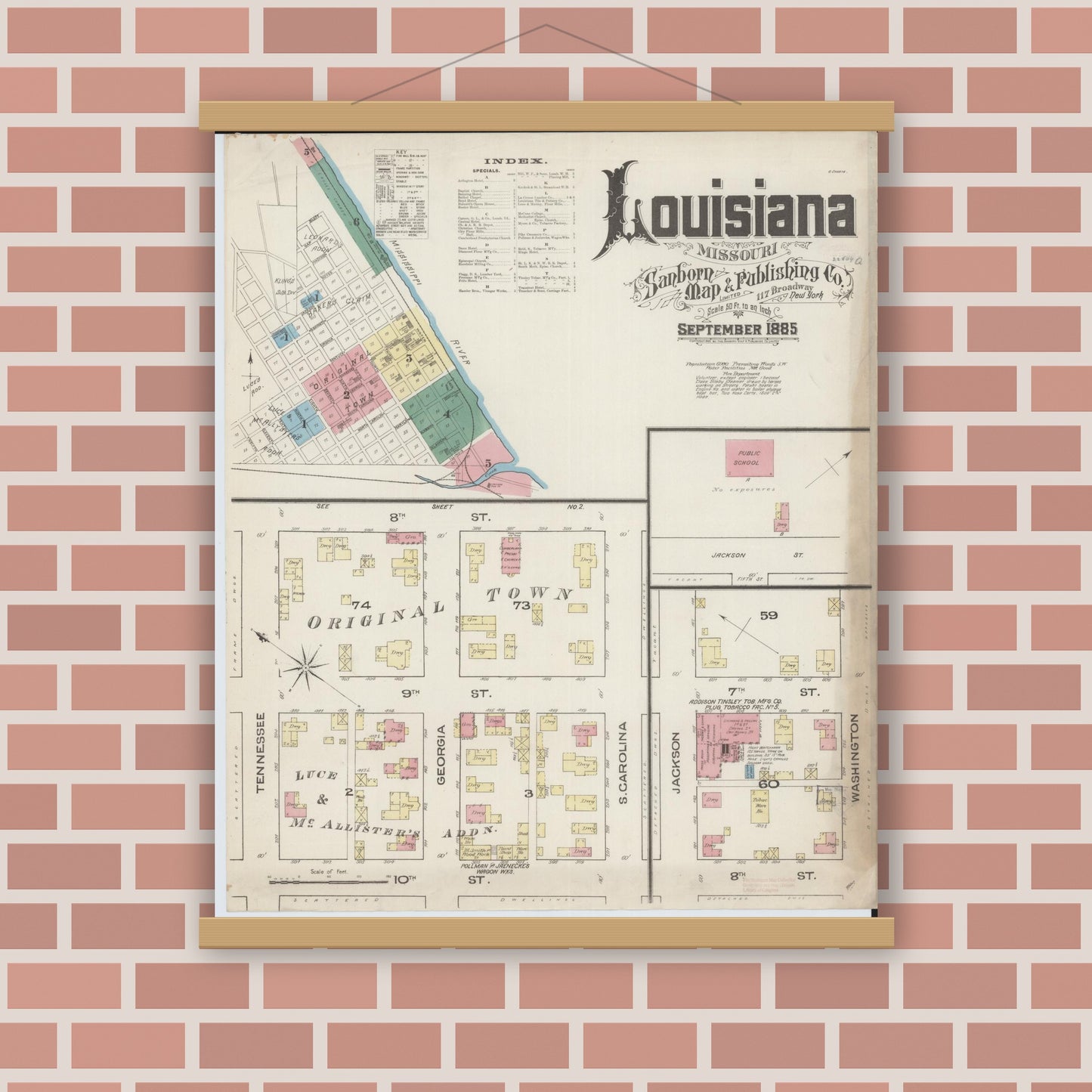Old map wall art mockup — magnetic wood frame on brick wall — Sanborn Fire Insurance Map from Louisiana, Pike County, Missouri (1885), Sheet #0001