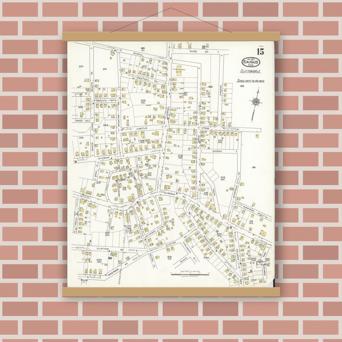 Old map wall art mockup — magnetic wood frame on brick wall — Sanborn Fire Insurance Map from Saugus, Essex County, Massachusetts (1922), Sheet #0015
