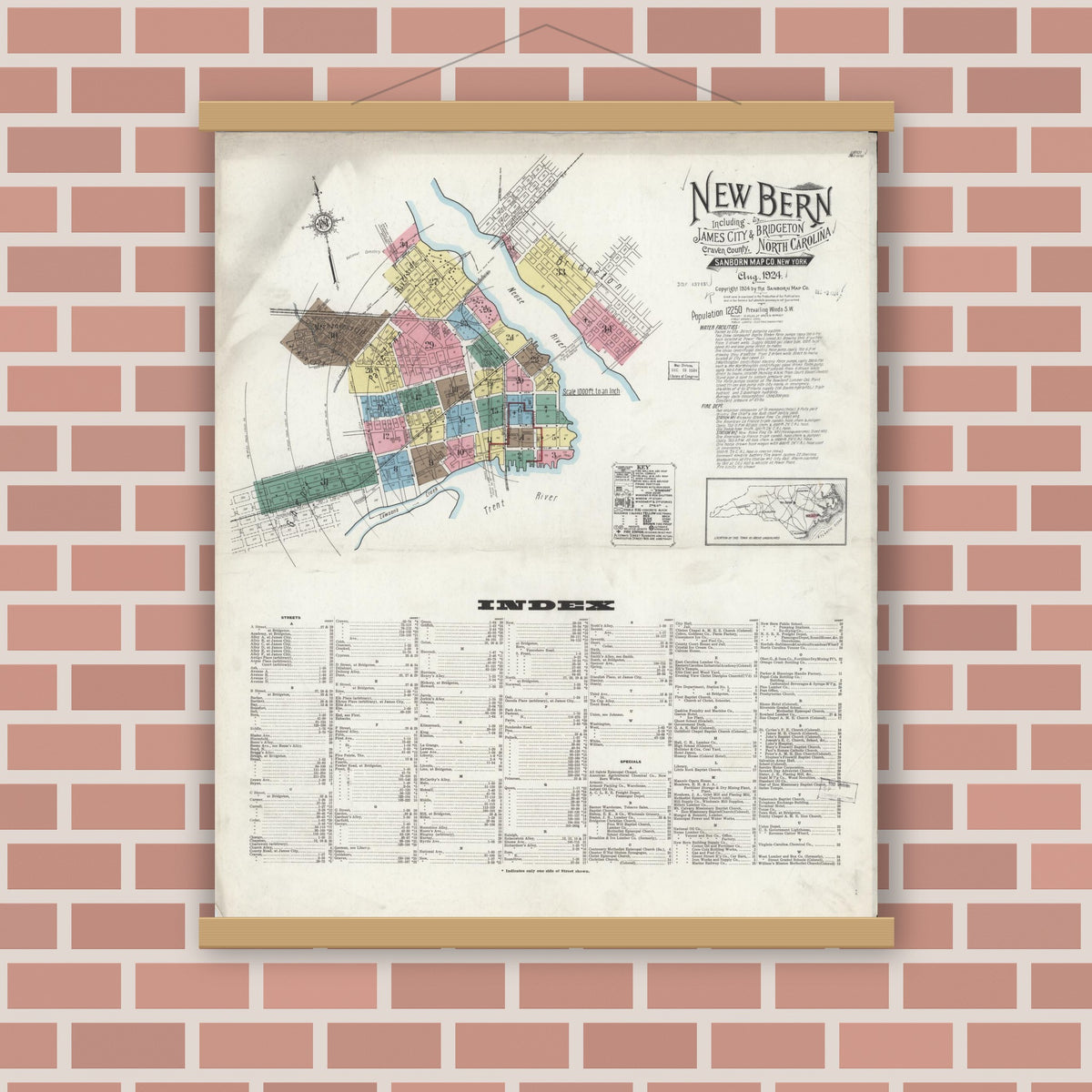 Old map wall art mockup — magnetic wood frame on brick wall — Sanborn Fire Insurance Map from New Bern, Craven County, North Carolina (1924), Sheet #0001