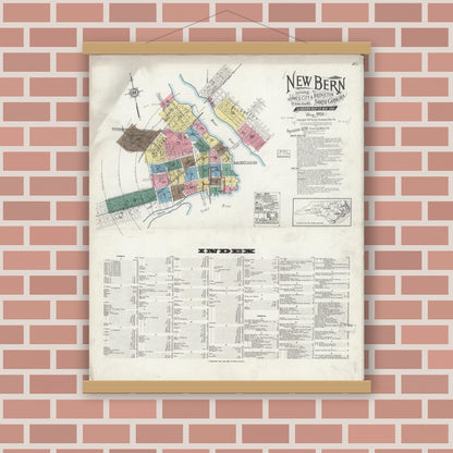 Old map wall art mockup — magnetic wood frame on brick wall — Sanborn Fire Insurance Map from New Bern, Craven County, North Carolina (1924), Sheet #0001