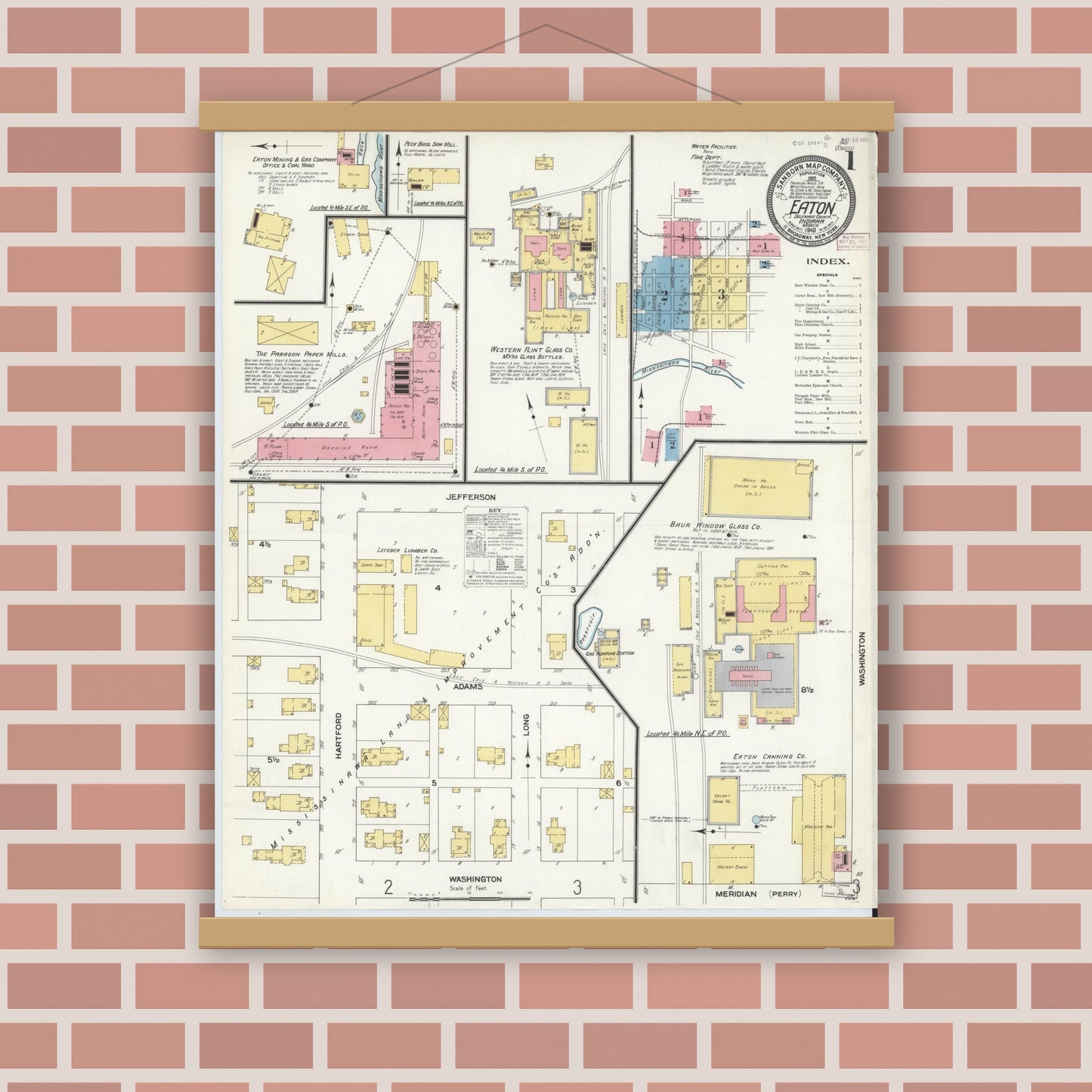 Old map wall art mockup — magnetic wood frame on brick wall — Sanborn Fire Insurance Map from Eaton, Delaware County, Indiana (1910), Sheet #0001