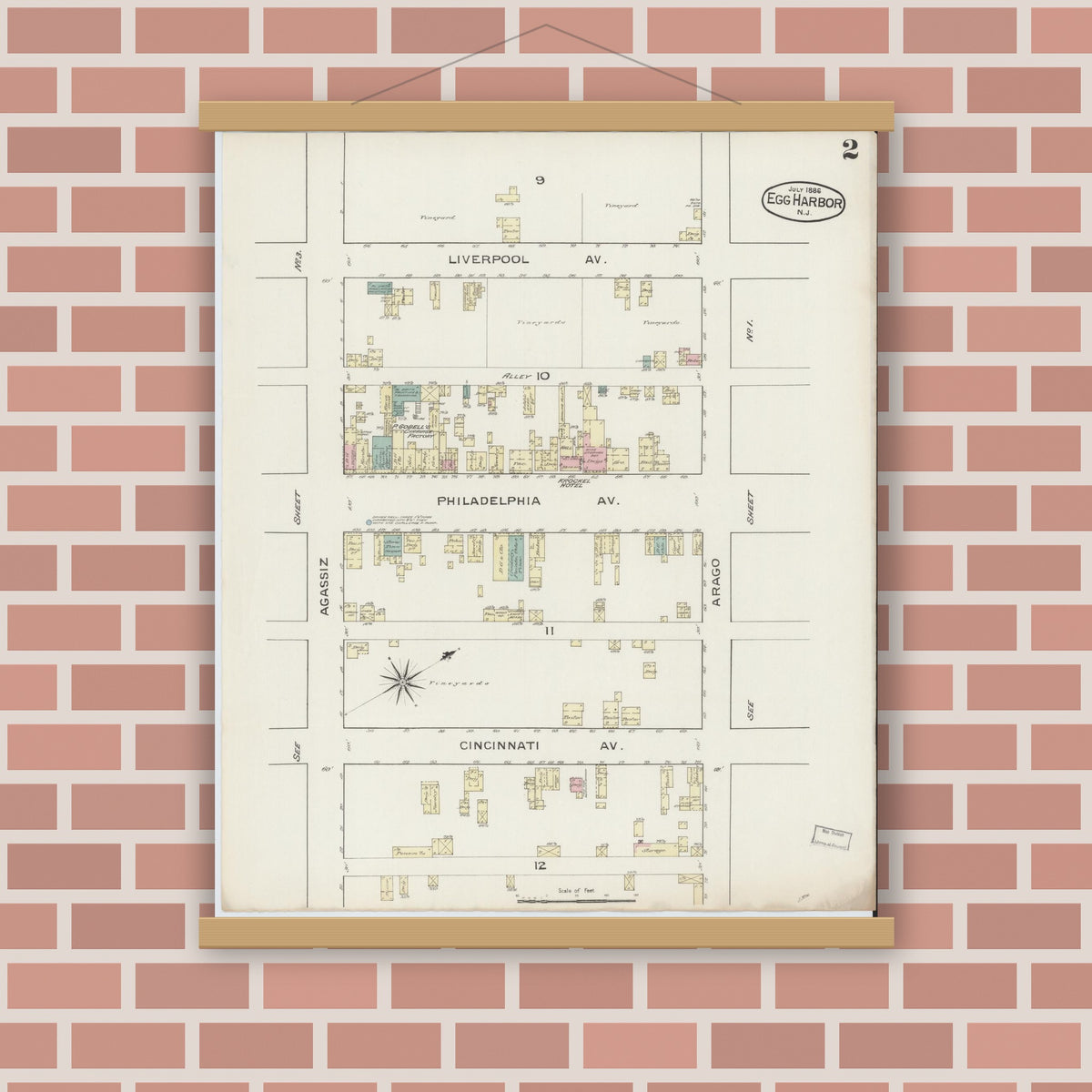 Old map wall art mockup — magnetic wood frame on brick wall — Sanborn Fire Insurance Map from Egg Harbor City, Atlantic County, New Jersey (1886), Sheet #0002