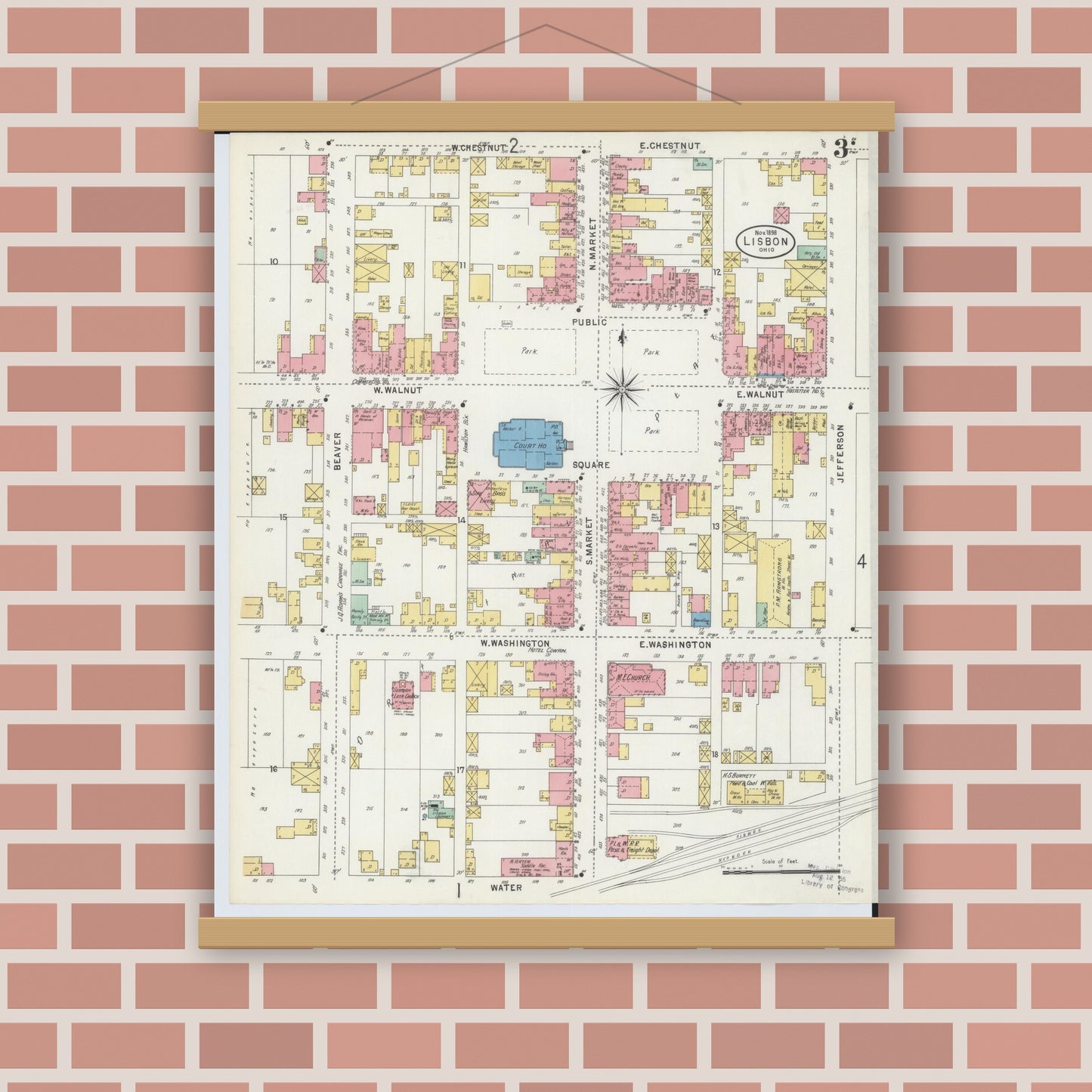 Old map wall art mockup — magnetic wood frame on brick wall — Sanborn Fire Insurance Map from Lisbon, Columbiana County, Ohio (1898), Sheet #0003
