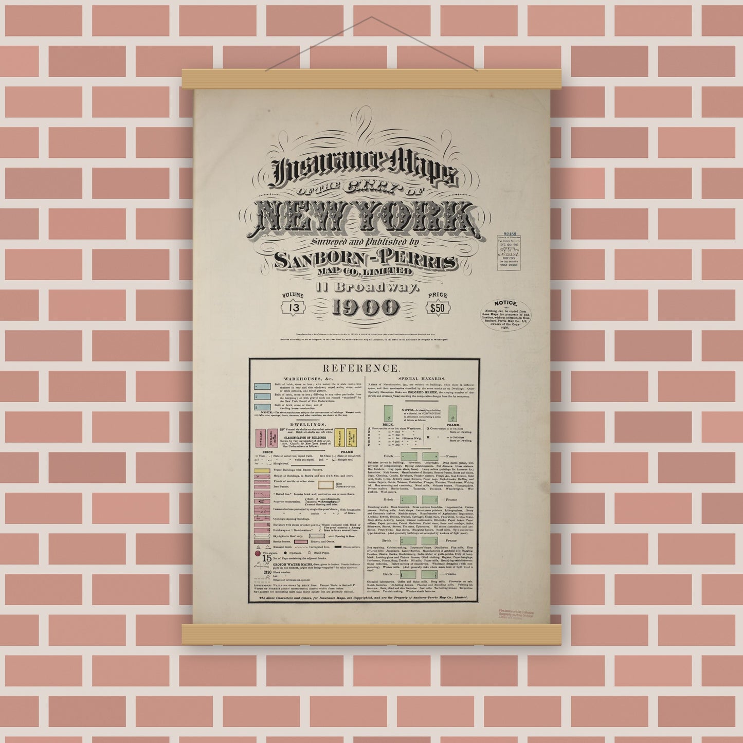 Old map wall art mockup — magnetic wood frame on brick wall — Sanborn Fire Insurance Map from New York, Bronx, Manhattan, New York (1900), Sheet #0001