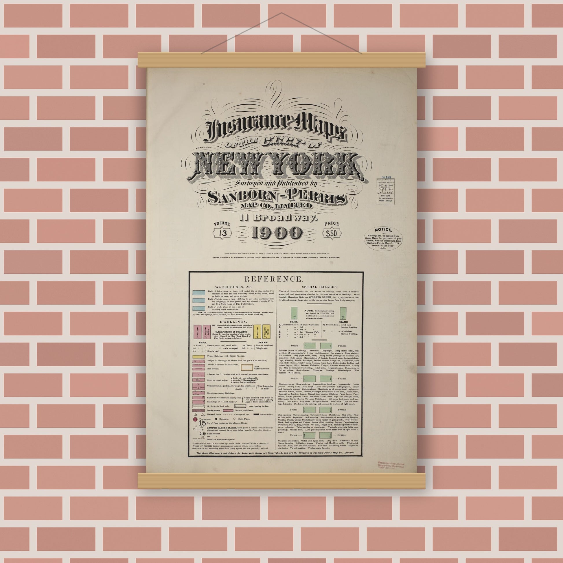 Old map wall art mockup — magnetic wood frame on brick wall — Sanborn Fire Insurance Map from New York, Bronx, Manhattan, New York (1900), Sheet #0001