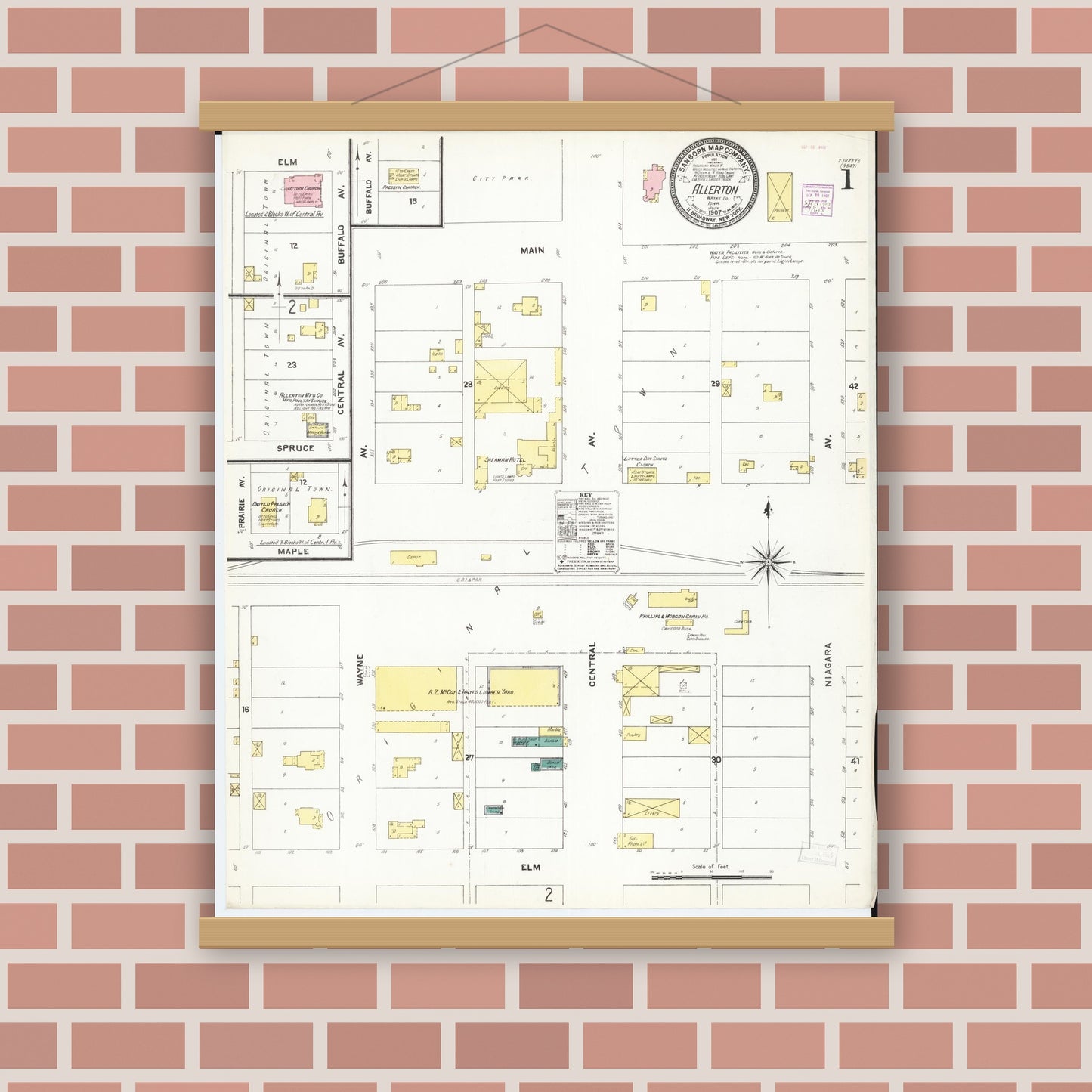 Old map wall art mockup — magnetic wood frame on brick wall — Sanborn Fire Insurance Map from Allerton, Wayne County, Iowa (1907), Sheet #0001