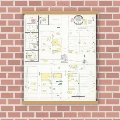 Old map wall art mockup — magnetic wood frame on brick wall — Sanborn Fire Insurance Map from Allerton, Wayne County, Iowa (1907), Sheet #0001