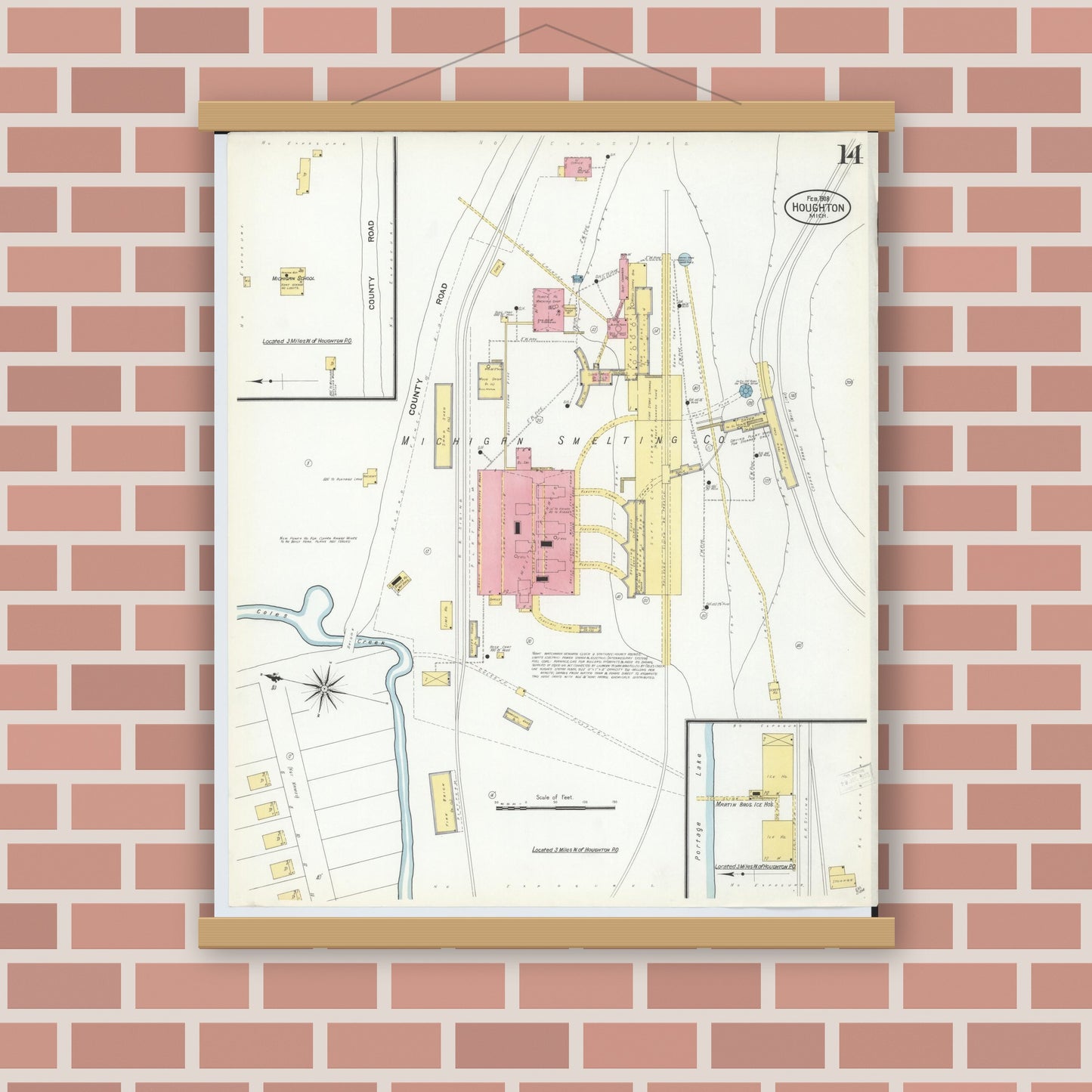 Old map wall art mockup — magnetic wood frame on brick wall — Sanborn Fire Insurance Map from Houghton, Houghton County, Michigan (1908), Sheet #0014