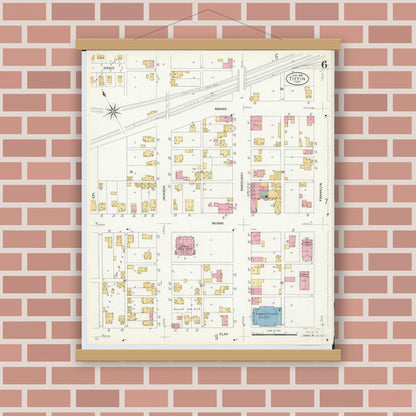 Old map wall art mockup — magnetic wood frame on brick wall — Sanborn Fire Insurance Map from Tiffin, Seneca County, Ohio (1908), Sheet #0006