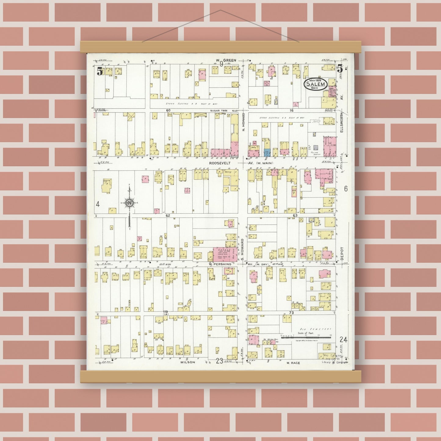 Old map wall art mockup — magnetic wood frame on brick wall — Sanborn Fire Insurance Map from Salem, Columbiana County, Ohio (1926), Sheet #0005