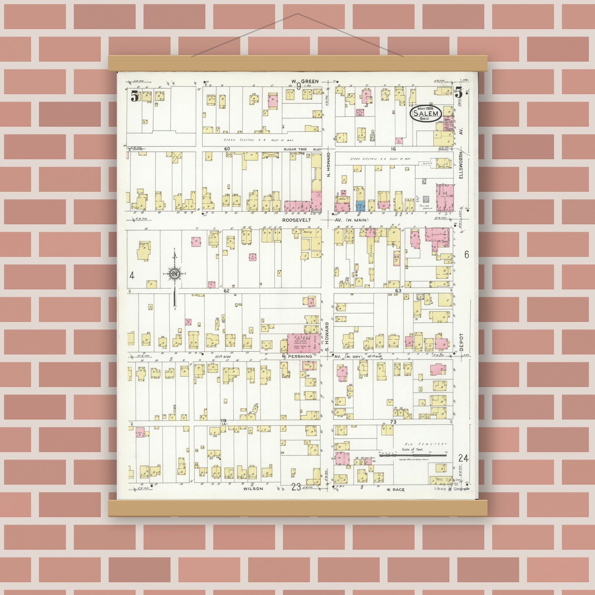 Old map wall art mockup — magnetic wood frame on brick wall — Sanborn Fire Insurance Map from Salem, Columbiana County, Ohio (1926), Sheet #0005
