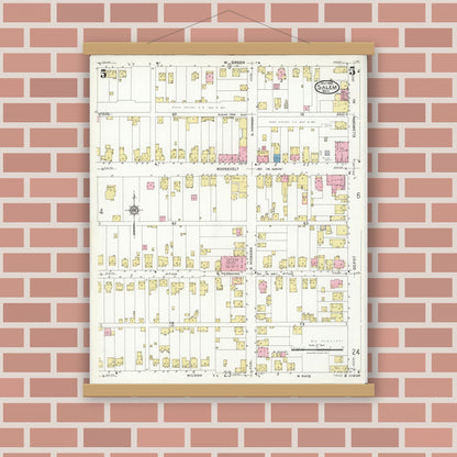 Old map wall art mockup — magnetic wood frame on brick wall — Sanborn Fire Insurance Map from Salem, Columbiana County, Ohio (1926), Sheet #0005