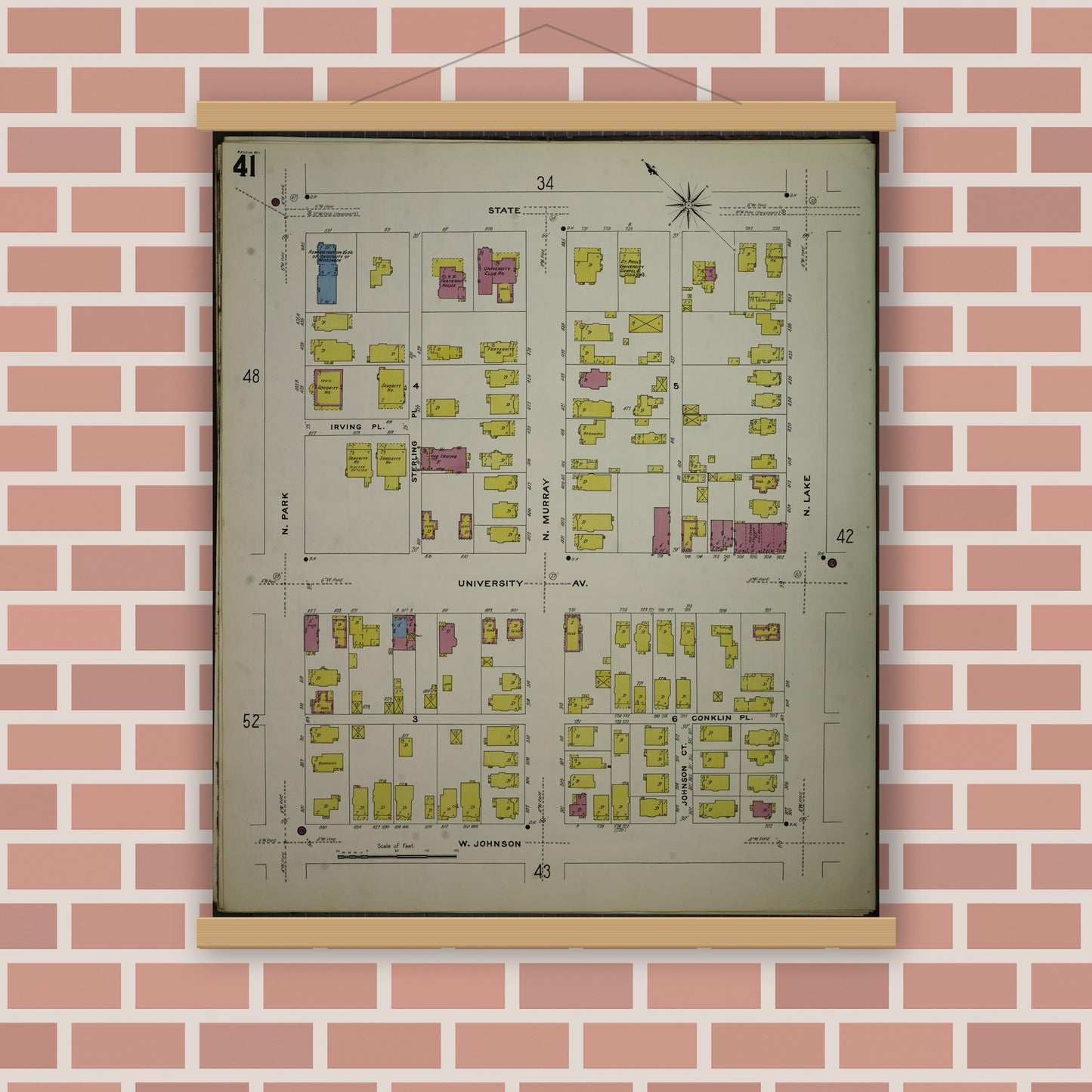 Old map wall art mockup — magnetic wood frame on brick wall — Sanborn Fire Insurance Map from Madison, Dane County, Wisconsin (1908), Sheet #0041