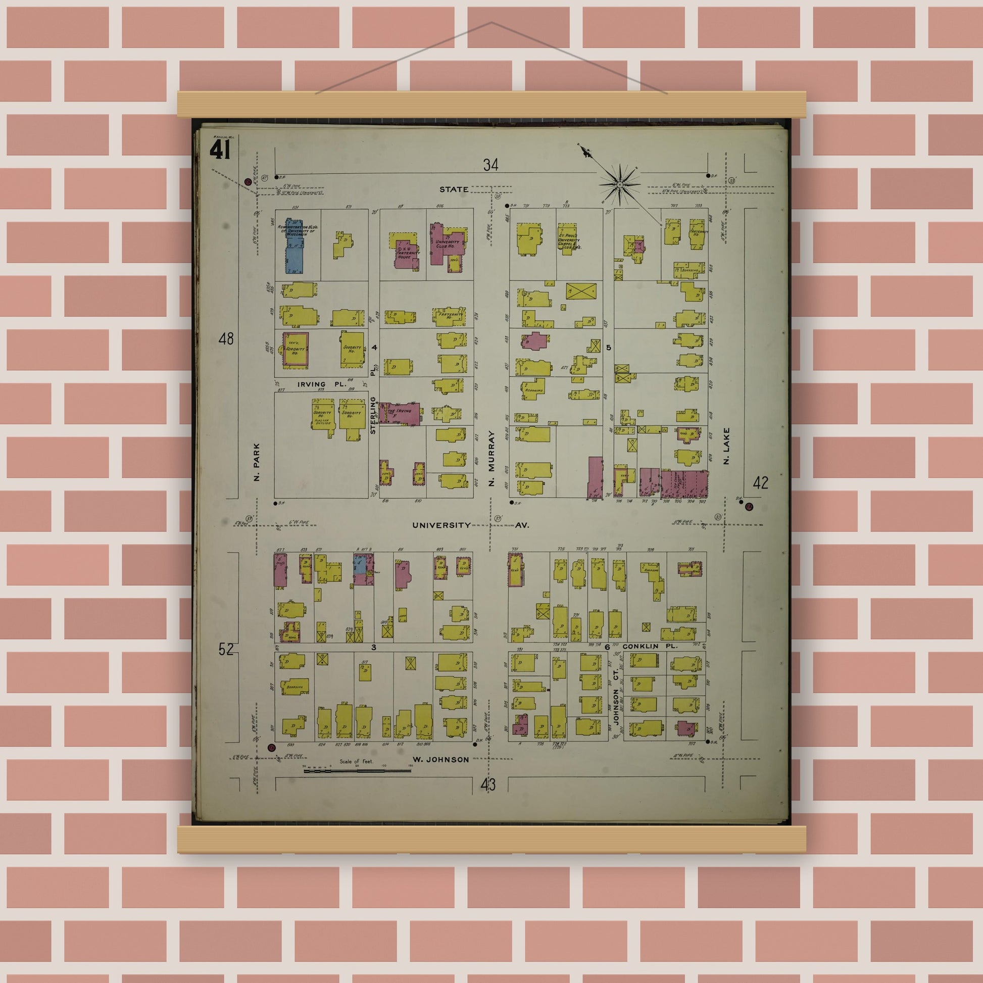 Old map wall art mockup — magnetic wood frame on brick wall — Sanborn Fire Insurance Map from Madison, Dane County, Wisconsin (1908), Sheet #0041