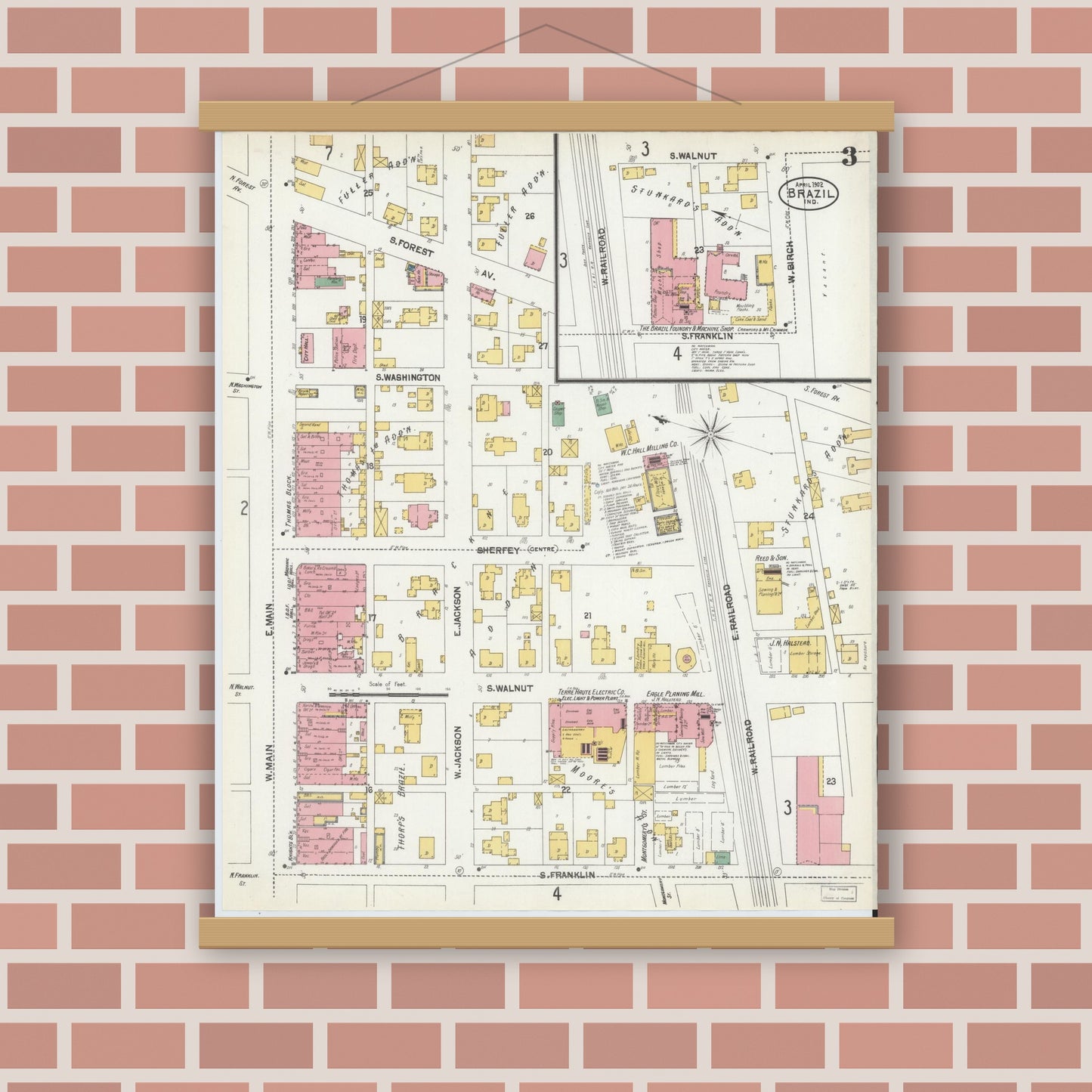 Old map wall art mockup — magnetic wood frame on brick wall — Sanborn Fire Insurance Map from Brazil, Clay County, Indiana (1902), Sheet #0003
