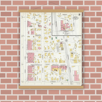 Old map wall art mockup — magnetic wood frame on brick wall — Sanborn Fire Insurance Map from Brazil, Clay County, Indiana (1902), Sheet #0003