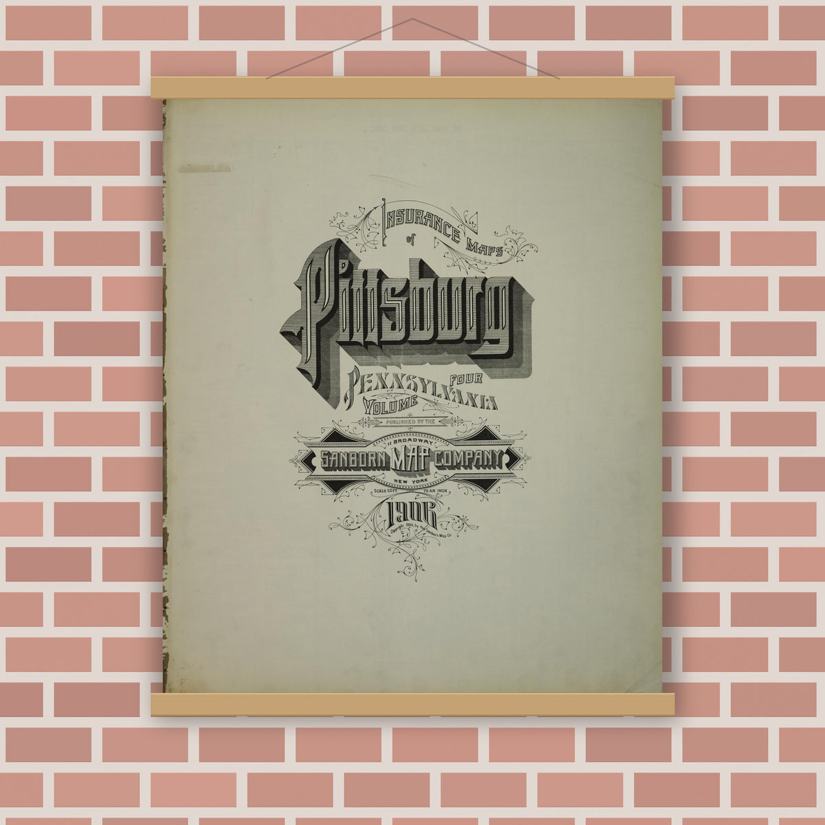 Old map wall art mockup — magnetic wood frame on brick wall — Sanborn Fire Insurance Map from Pittsburgh, Allegheny County, Pennsylvania (1906), Sheet #0001