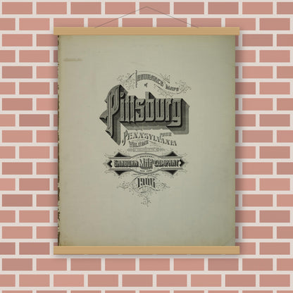 Old map wall art mockup — magnetic wood frame on brick wall — Sanborn Fire Insurance Map from Pittsburgh, Allegheny County, Pennsylvania (1906), Sheet #0001
