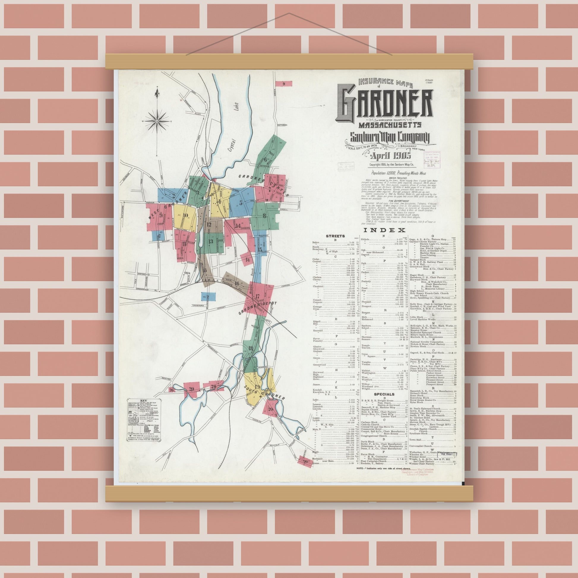 Old map wall art mockup — magnetic wood frame on brick wall — Sanborn Fire Insurance Map from Gardner, Worcester County, Massachusetts (1905), Sheet #0001