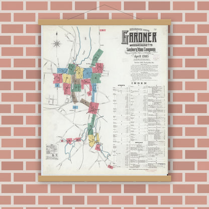 Old map wall art mockup — magnetic wood frame on brick wall — Sanborn Fire Insurance Map from Gardner, Worcester County, Massachusetts (1905), Sheet #0001