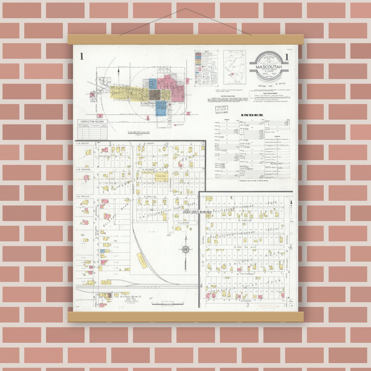 Old map wall art mockup — magnetic wood frame on brick wall — Sanborn Fire Insurance Map from Mascoutah, Saint Clair County, Illinois (1933) - Complete Map Set