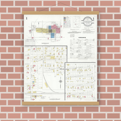 Old map wall art mockup — magnetic wood frame on brick wall — Sanborn Fire Insurance Map from Mascoutah, Saint Clair County, Illinois (1933) - Complete Map Set
