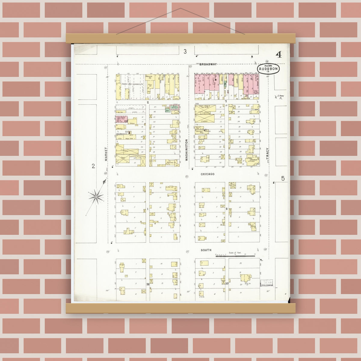 Old map wall art mockup — magnetic wood frame on brick wall — Sanborn Fire Insurance Map from Audubon, Audubon County, Iowa (1896), Sheet #0004