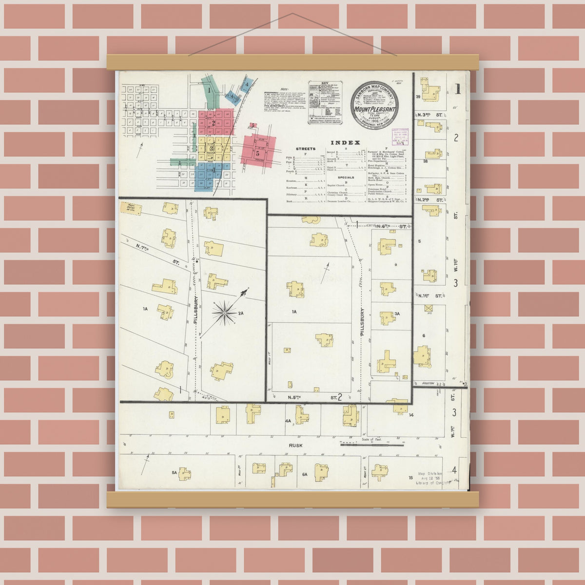 Old map wall art mockup — magnetic wood frame on brick wall — Sanborn Fire Insurance Map from Mount Pleasant, Titus County, Texas (1906), Sheet #0001