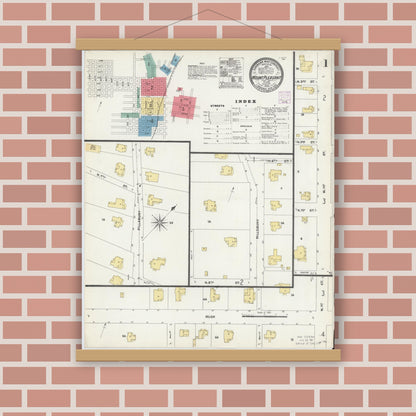 Old map wall art mockup — magnetic wood frame on brick wall — Sanborn Fire Insurance Map from Mount Pleasant, Titus County, Texas (1906), Sheet #0001