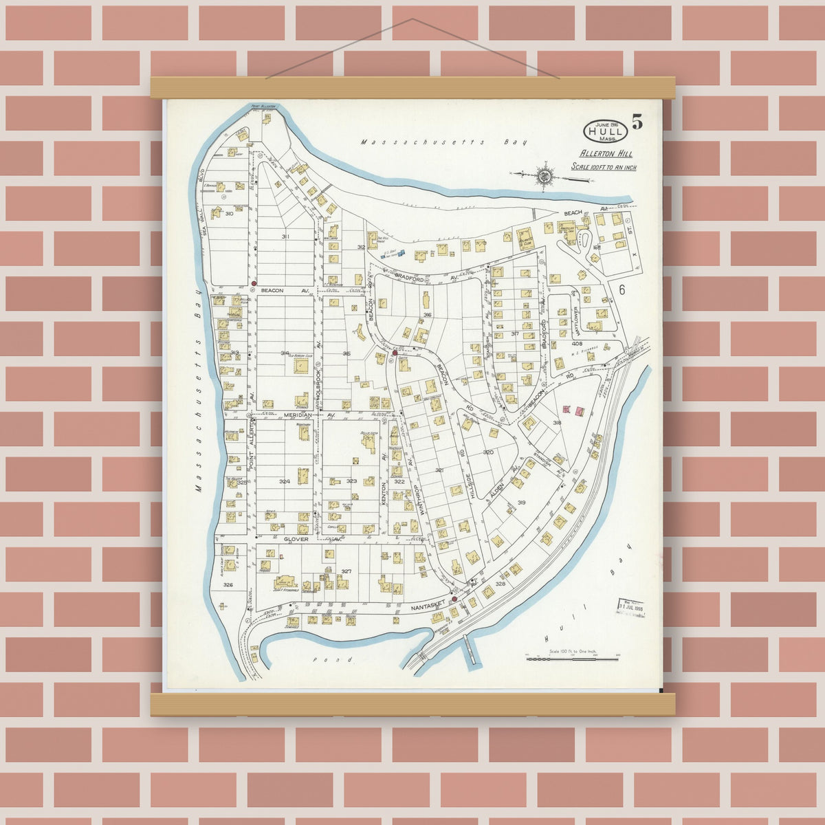 Old map wall art mockup — magnetic wood frame on brick wall — Sanborn Fire Insurance Map from Hull, Plymouth County, Massachusetts (1916), Sheet #0005