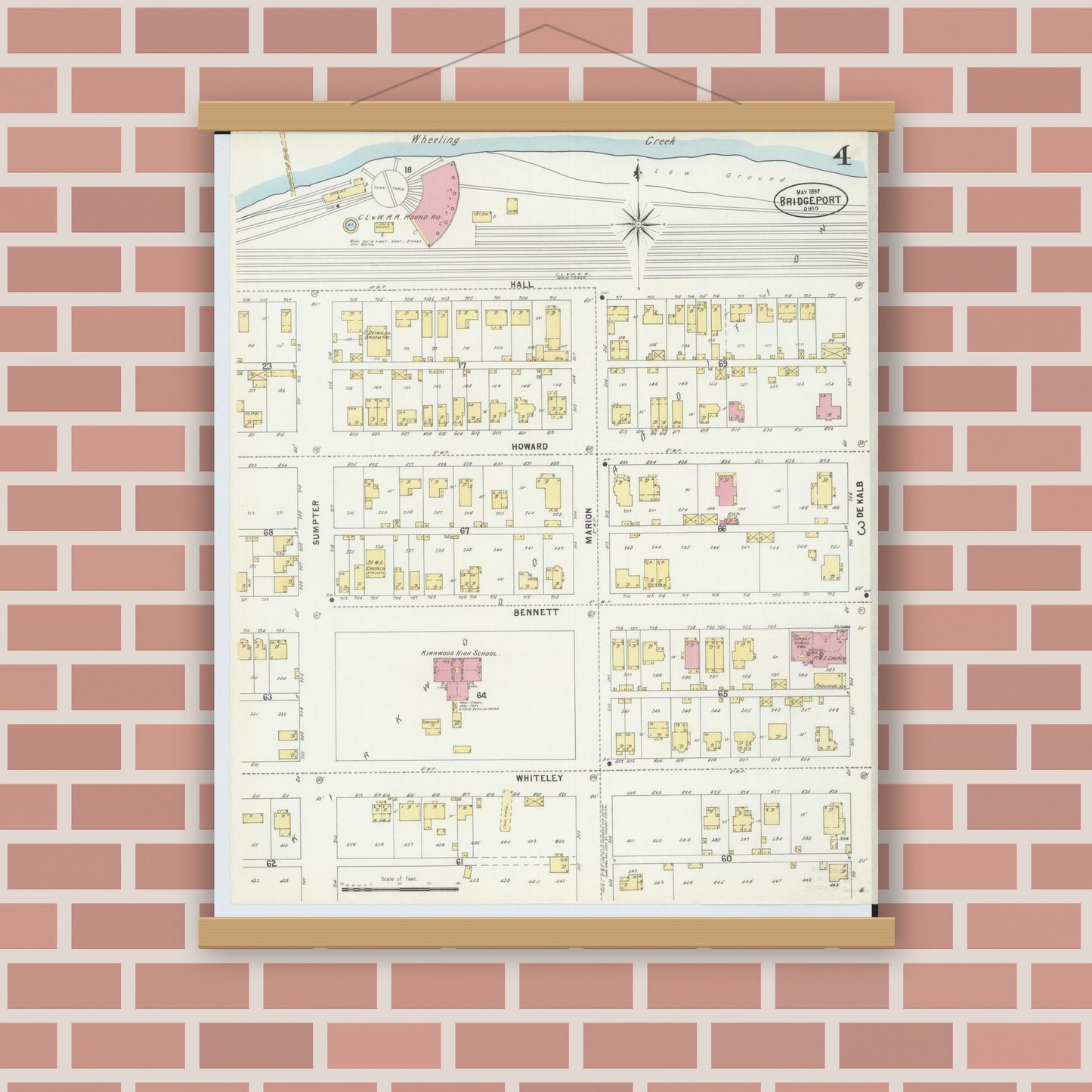 Old map wall art mockup — magnetic wood frame on brick wall — Sanborn Fire Insurance Map from Bridgeport, Belmont County, Ohio (1897), Sheet #0004