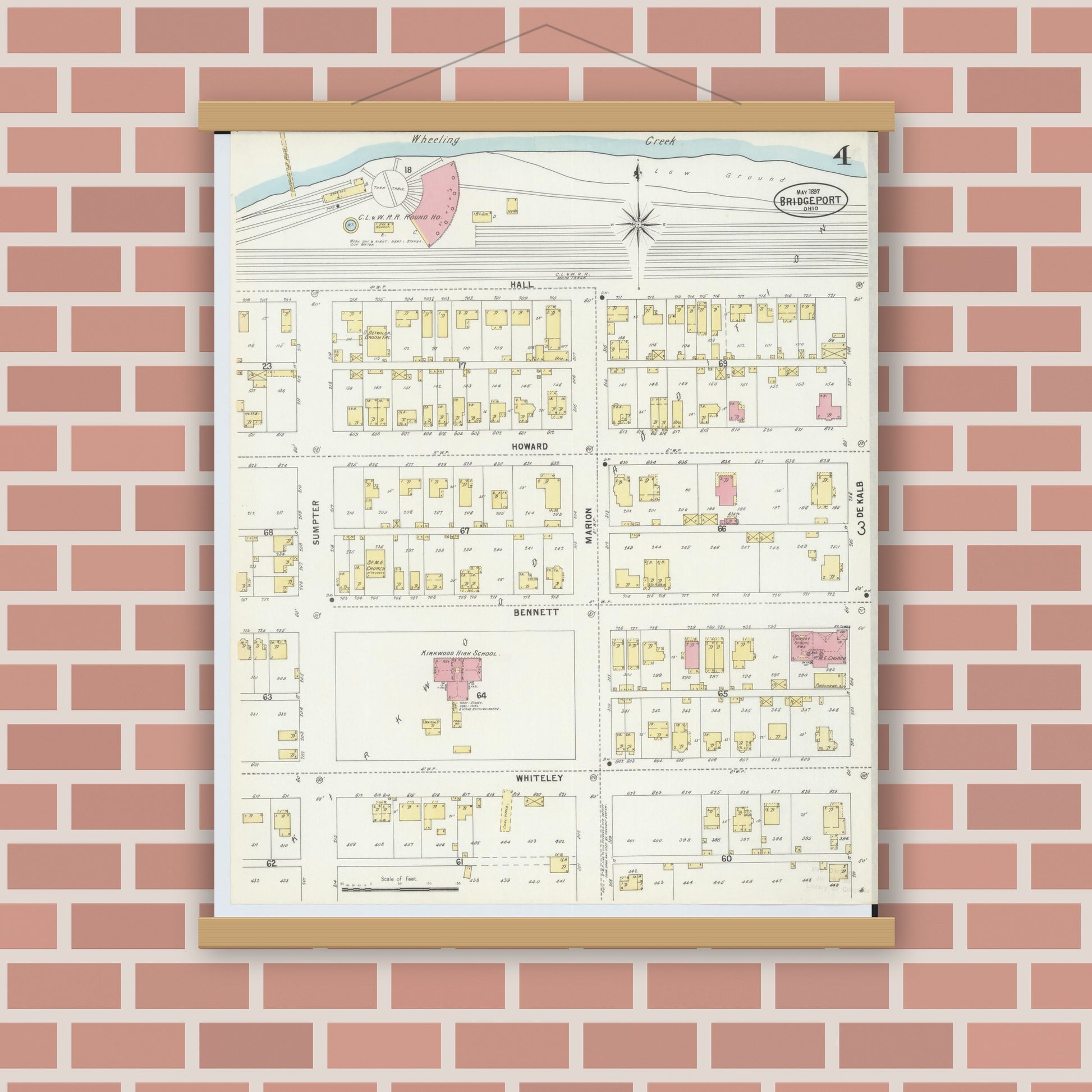 Old map wall art mockup — magnetic wood frame on brick wall — Sanborn Fire Insurance Map from Bridgeport, Belmont County, Ohio (1897), Sheet #0004