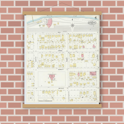 Old map wall art mockup — magnetic wood frame on brick wall — Sanborn Fire Insurance Map from Bridgeport, Belmont County, Ohio (1897), Sheet #0004