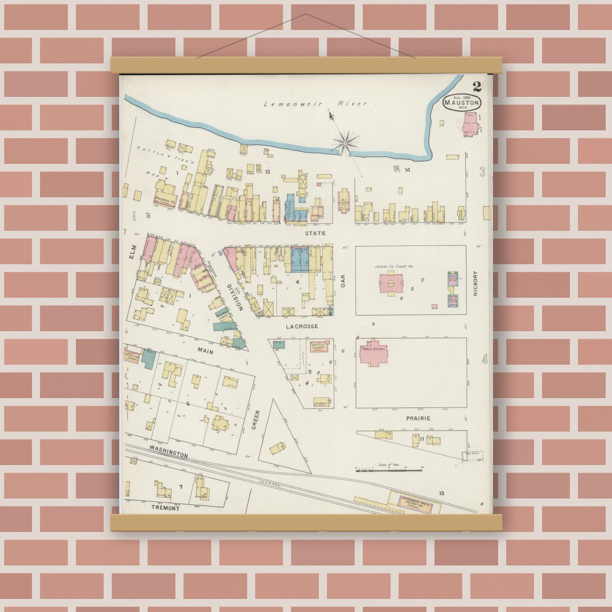 Old map wall art mockup — magnetic wood frame on brick wall — Sanborn Fire Insurance Map from Mauston, Juneau County, Wisconsin (1894), Sheet #0002
