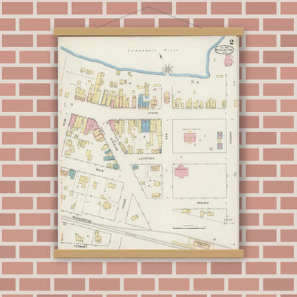 Old map wall art mockup — magnetic wood frame on brick wall — Sanborn Fire Insurance Map from Mauston, Juneau County, Wisconsin (1894), Sheet #0002