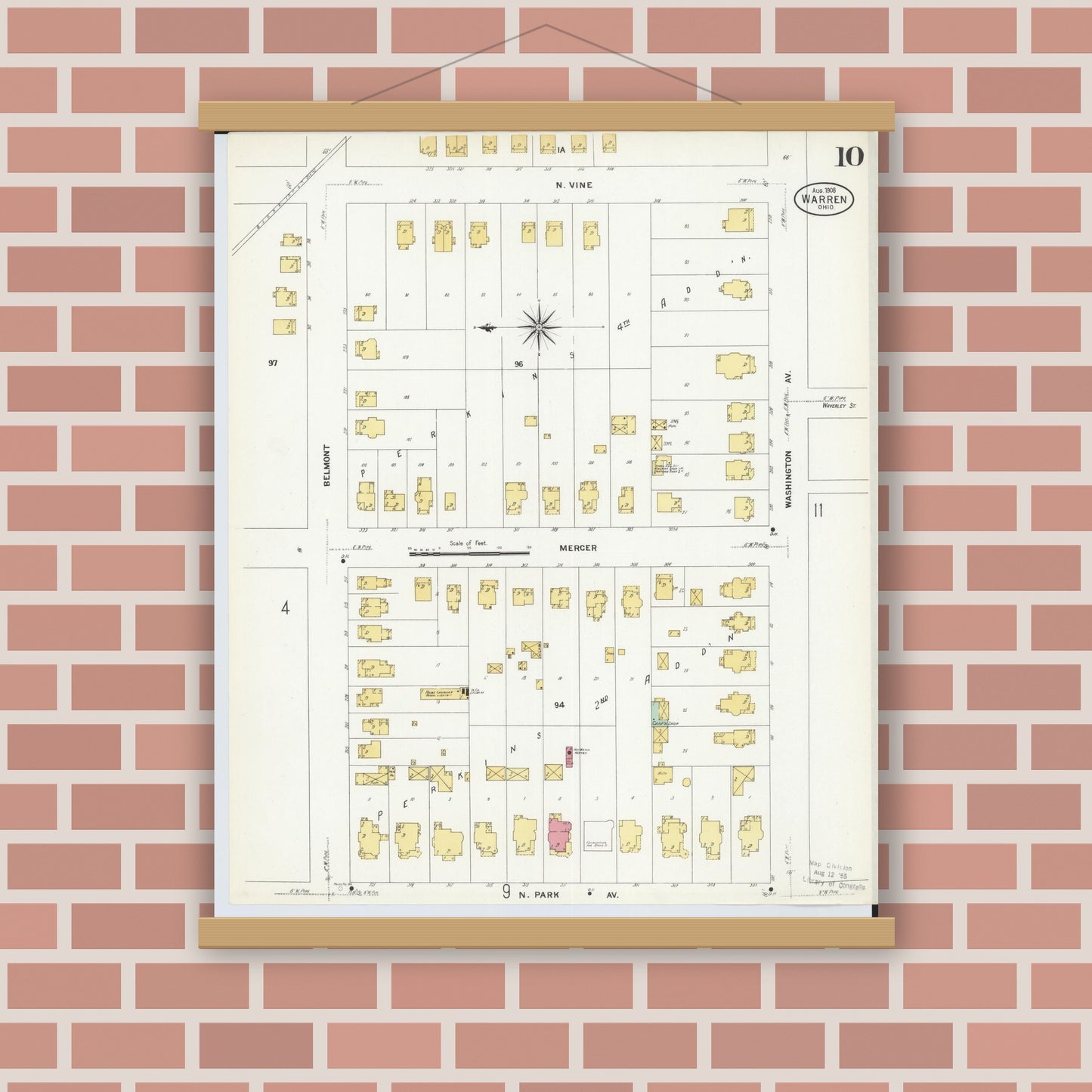 Old map wall art mockup — magnetic wood frame on brick wall — Sanborn Fire Insurance Map from Warren, Trumbull County, Ohio (1908), Sheet #0010