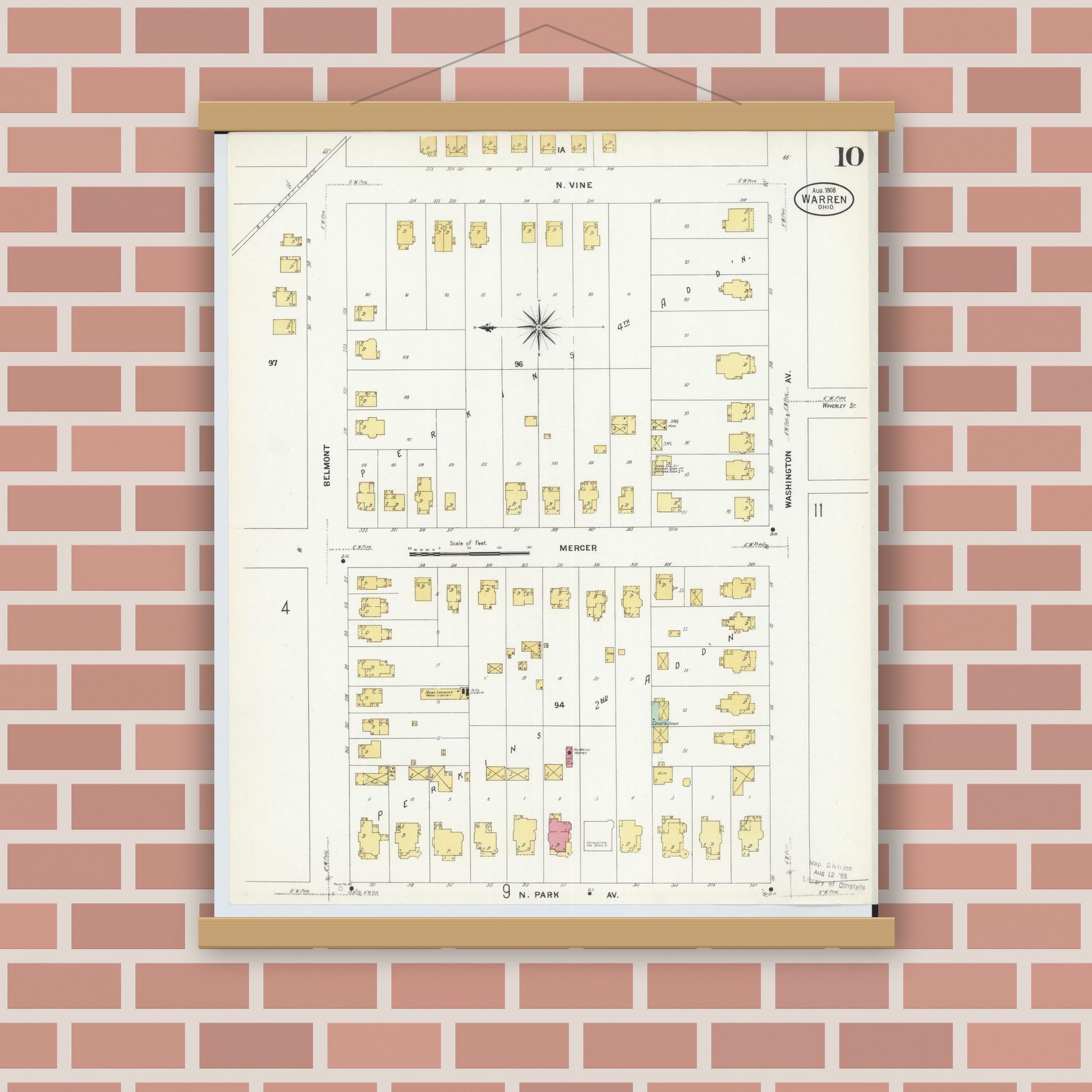 Old map wall art mockup — magnetic wood frame on brick wall — Sanborn Fire Insurance Map from Warren, Trumbull County, Ohio (1908), Sheet #0010